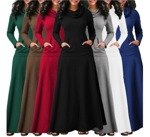 Woman Turtleneck Solid Color Floor -Length Dress Lady Cotton High Quality Empire Waist Long Sleeve Elegant Dresses ► Photo 1/6