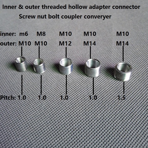 10pieces/lot M6 to M10, M8 to M10, M10 to M12/M14 threaded hollow tube adapter inner outer threaded coupler conveyer adapter ► Photo 1/6