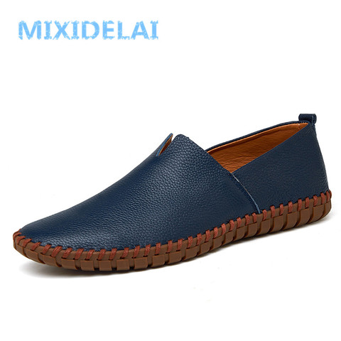 MIXIDELAI Genuine Cow leather Mens Loafers Fashion Handmade Moccasins Soft Leather Blue Slip On Men's Boat Shoe PLUS SIZE 38~48 ► Photo 1/6