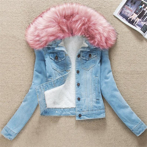 2022 Autumn Winter Women's Denim Jacket Fur Collar Short Basic Coats Female Plus Size 4XL Jeans Jackets Oversize Outerwear M25 ► Photo 1/6