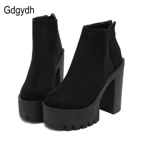 Gdgydh Fashion Black Ankle Boots For Women Thick Heels Spring Autumn Flock Platform Shoes High Heels Black Zipper Ladies Boots ► Photo 1/6