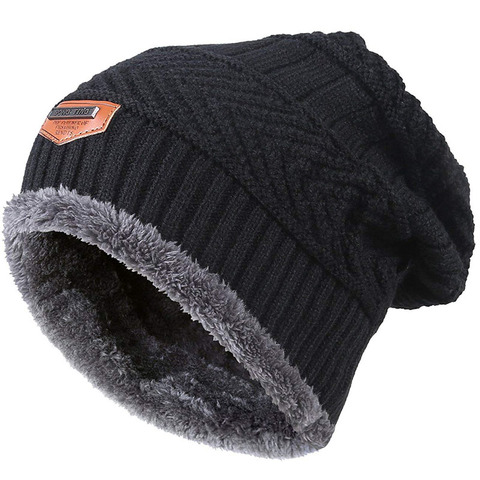 Men Warm Winter Knitted Beanie Hat Fleece Sullies Cap Black  Male Casual Thick Soft  Head Warmer ► Photo 1/6