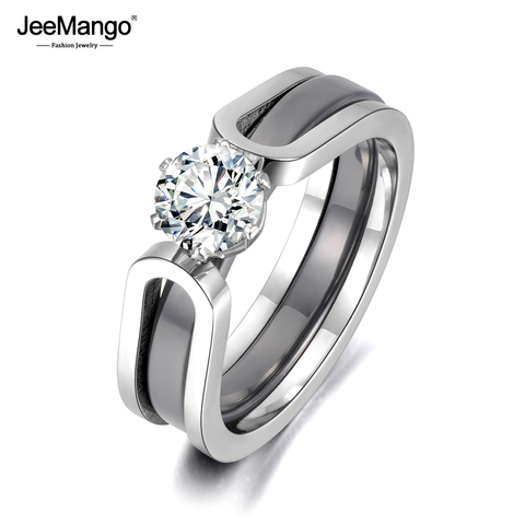 JeeMango 2 In 1 Black/White Ceramic Crystal Wedding Ring Jewelry For Women AAA Cubic Zirconia Stainless Steel Engagement JR18071 ► Photo 1/6