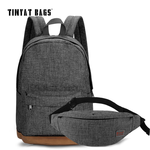 TINYAT Men Canvas Backpack School Casual Laptop Backpack Gray Composition Bags Leisure Male Waist Belt Bag Crossbody Bag Set ► Photo 1/6