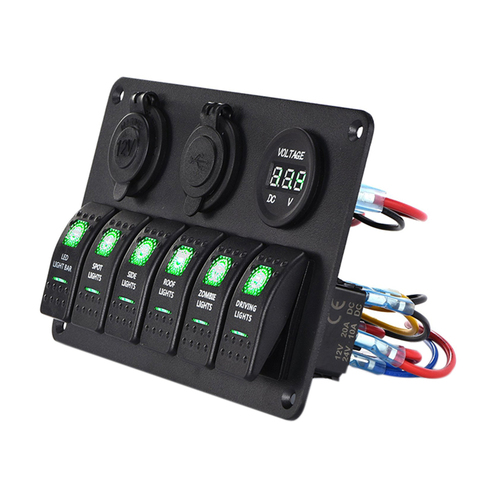 Dual USB Charging 6 Toggle Rocker Control Switch Panel 12 V~24V Circuit Breaker Volt Overload Protection Car Boat Switch Panel ► Photo 1/6
