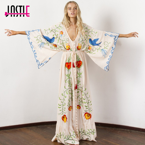 Jastie Embroidered Women Maxi Dress V-Neck Batwing Sleeve Loose Plus Size Summer Dresses Drawstring Waist Boho Beach Vestidos ► Photo 1/6