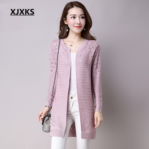 XJXKS New 2022 Autumn Korean Style Women's Sweater Long-sleeve Female Fashion Long Section Knitwear Hollow Lace Cardigan Coat ► Photo 1/1