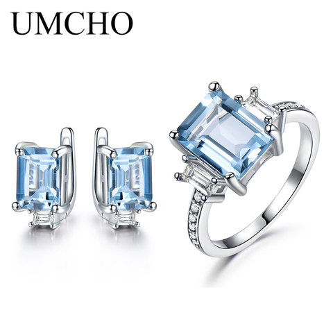 UMCHO 925 Sterling Silver Jewelry Sets for Women Gemstone Sky Blue Topaz Ring Clip Earrings Female Wedding Engagement Jewelry ► Photo 1/6