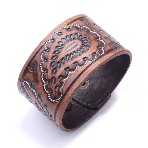 Kirykle Men Brown Black Vintage Genuine Leather Bangles Wide Leather Bracelet For Women Bracelet Cell Shape Punk Charm Jewelry ► Photo 1/6