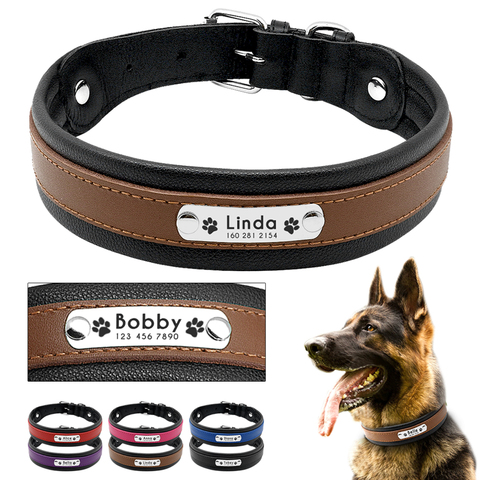 Large Dog Collar Genuine Leather Dog Collar Personalized Pet Name ID Collar Padded Customized For Medium Large Dogs ► Photo 1/6