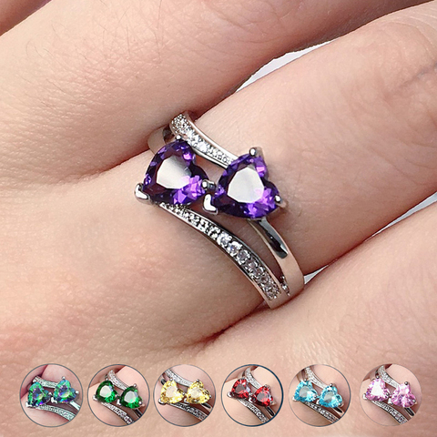 Huitan Stylish Female Rings Silver-plated Double Heart-Shaped Cubic Zircons Wedding Ring For Women Girls Nice Gift For Birthday ► Photo 1/6