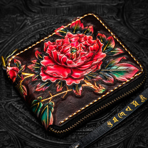 Hand-made Ladies Short Wallets Butterfly Peony Purses Women Clutch Vegetable Tanned Leather Wallet Card Holder Christmas gifts ► Photo 1/1