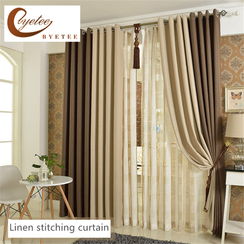 Window Curtains Blackout Faux Cotton Linen Curtains for Living Room Bedroom Customized Beige Coffee Stitching Curtain ► Photo 1/6
