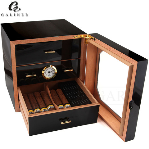 Black Glossy Cigar Humidor Box Cedar Wood Cigar Case W/ Humidifier Hygrometer Cigar Box Luxury Humidors For COHIBA Cigars ► Photo 1/6