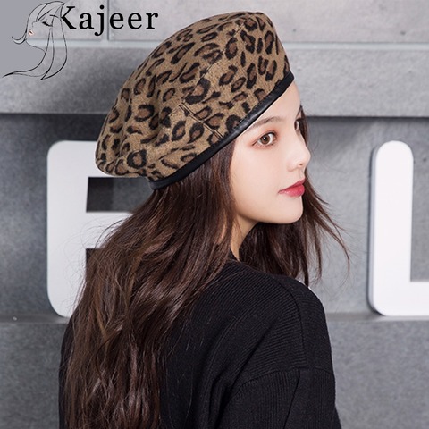 Kajeer Leopard Beret Female Autumn Winter Hats For Women Vintage Painter Flat Cap Boina Feminina Fashion PU Leather Brim Beanie ► Photo 1/6