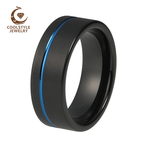 8MM Black Blue Wedding Band Tungsten Carbide Ring For Men Women With Offset Groove And Brushed Finish Comfort Fit ► Photo 1/2