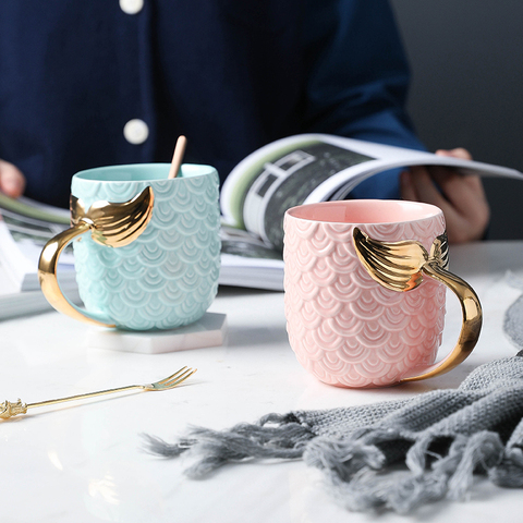Gold Mermaid Ceramic Mug Beauty Glazed Milk Tea Coffee Mugs With Handel Pink Blue Porcelain Drinkware Couple Gift Cup 420ml ► Photo 1/6