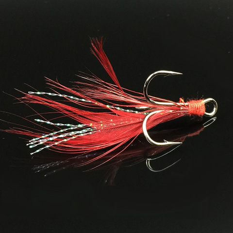 Fishing Treble Hook Lure Red White Feather Fishhook Round Base Hooks Size 4# 6# Lot 5 Pieces ► Photo 1/6