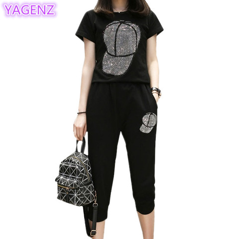 YAGENZ Plus size Two Piece Set Women Tracksuit Set Summer Tops For Women 2022 Casual Thin Sportwear Diamond Hat Top And Pants119 ► Photo 1/6