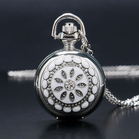 Fashion Silver White Ceramics Flower Crystal Small Size Quartz Pocket Watch Necklace Pendant Women Lady Girl Birthday Gift P205 ► Photo 1/6