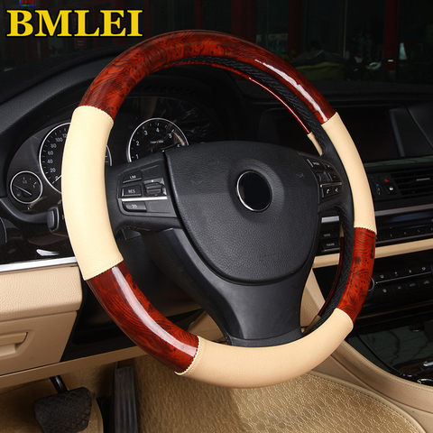 Newest Universal Deluxe Burl Wood Hyper-Flex Core Steering Wheel Cover Light Wood Grain Leather Comfortable Fits 38cm/15