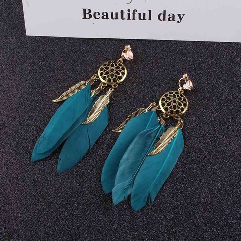 JIOFREE High Quality Vintage Bohemia blue feather Clip on Earrings Without Piercing for Girls Party Needn't Ear Hole ► Photo 1/6