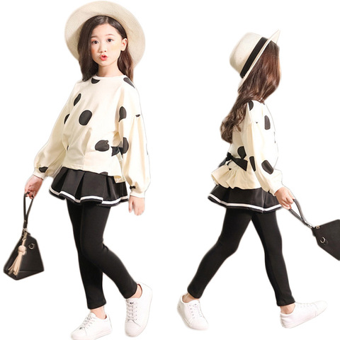 Girls Clothes Long Sleeve Dot Shirt + Skirt Pants 2PCS Girl Kid Clothing Set Autumn Spring Children'S School Clothes 6 8 10 Year ► Photo 1/5