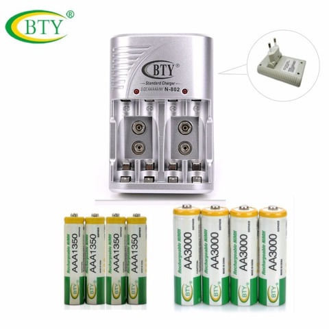 BTY Rechargeable Battery Kit 4pcs 3000series 850mah AA Battery + 4pc 1350series 350mah AAA Battery+1pc 802 US EU Battery Charger ► Photo 1/1