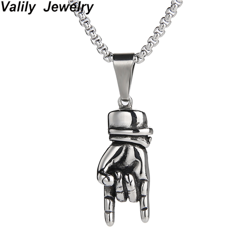 Valily Rock Hand Gesture Pendant Necklace Stainless Steel Punk Rock&Roll Hand Chain Necklaces Jewelry For Men Women 24