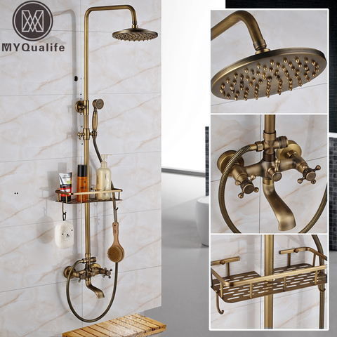 Antique Brass Wall Mounted Bathtub Shower Set Faucet Dual Handle with Commodity Shelf Long Spout Bathroom Shower Mixers Rainfall ► Photo 1/6