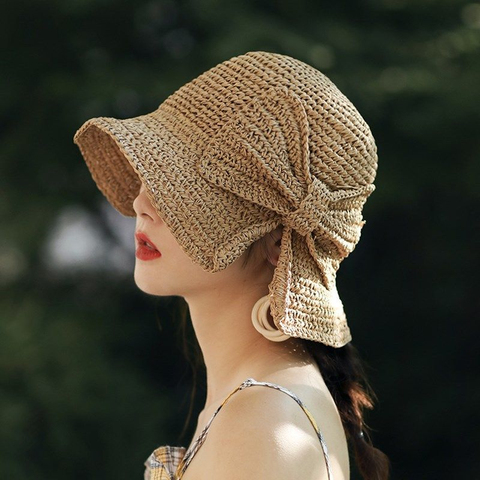 Parent-child 100%Raffia Bow Sun Hat Wide Brim Floppy Summer Hats For Women Beach Panama Straw Dome Bucket Hat Femme Shade Hat ► Photo 1/5