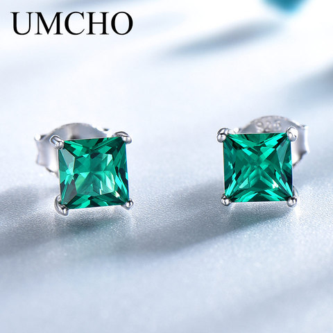 UMCHO 100% 925 Sterling Silver Emerald Stud Earrings for Women Princess-cut Gemstone Birthstone Fashion Korea Earrings Jewelry ► Photo 1/5