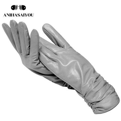Light gray women leather gloves, sheepskin gloves female,best-selling women's winter mittens,Genuine Leather gloves women-2081 ► Photo 1/6