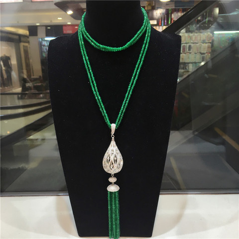 Hot sell new natural green stone micro inlay zircon big water drop pendant tassel necklace long sweater chain fashion jewelry ► Photo 1/1