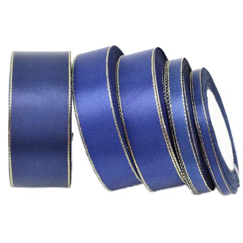 (25 yards/roll) deep blue gold Edge Satin Ribbon Wholesale Gift Christmas ribbons (6/10/25/40mm) ► Photo 1/4