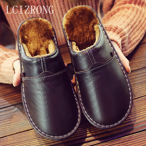 LCIZRONG Leather Home Slippers for Men Winter Warm Plush Slippers Bedroom Genuine Leather Unisex Men/women House Indoor Shoes ► Photo 1/6