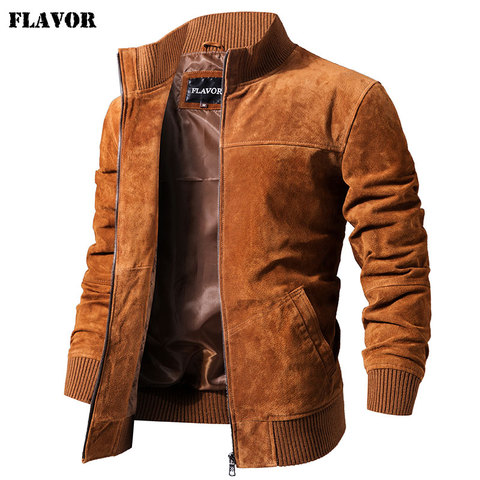 FLAVOR Men's Real Leather Jacket Men Pigskin Slim Fit Genuine Leather Coat With Rib Cuff Standing Collar ► Photo 1/6