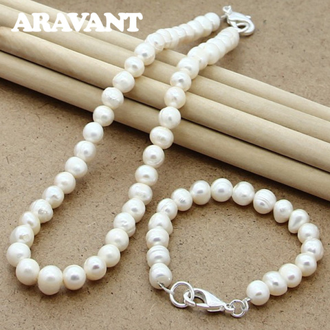 Fashion Simulated Pearl Jewelry Sets Silver 925 Women White Pearl Necklace Bracelet ► Photo 1/1