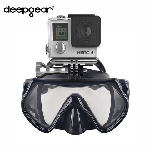 Deepgear Gopro camera diving mask Tempered glass scuba diving mask black silicone snorkel mask for adult Top diving snorkel gear ► Photo 1/6