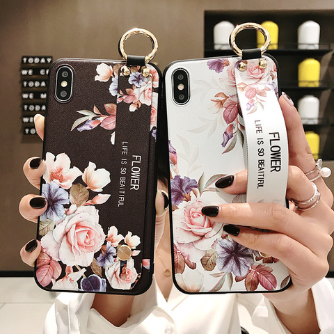 Buy Online Rose Flowers Wrist Strap Phone Cases For Iphone 12 11 Pro Max X Xr Xs Max 7 8 6 6s Plus Cover Hand Band Cases Soft Tpu Relief Alitools