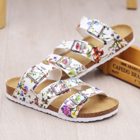 brand designer women cork sandals three belt flip flops fashion buckle cork beach sandals flower printing summer shoes woman ► Photo 1/6