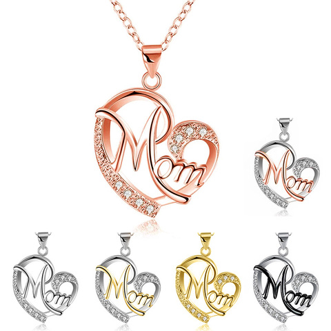 HUITAN Fashion Letter MOM Heart Shape Inlaid Crystal Pendant Necklace Mother's Day Gift High Quality Jewelry Wholesale Lots Bulk ► Photo 1/6