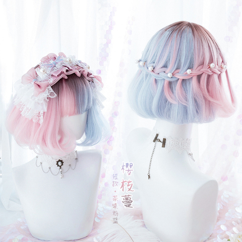 Summer Kawaii Blue Pink Ombre Short Curly BOBO Lolita Cute Harajuku Sweet Synthetic Hair Cosplay Costume Wigs + Wig Cap ► Photo 1/4