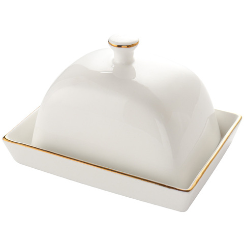 Quail 6 Inch Butter Sealing Tank,Ceramic,White,with Lid,Cheese Server Storage Keeper Tray Cheese Dish,golden Trim ► Photo 1/6