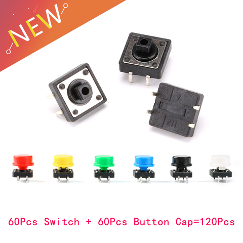 120Pcs=60pcs Plastic Tactile Switch PCB Tact Push Button Momentary Switch 4 Pins + 60pcs 6 Color Button Cap 12*12*7.3mm ► Photo 1/6
