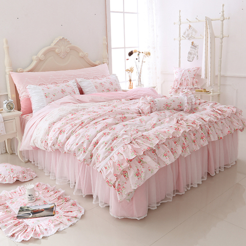 100% cotton Floral printed princess bedding set twin king queen size 4/6pcs Pink girls lace duvet cover set Bedspread bed skirt ► Photo 1/1