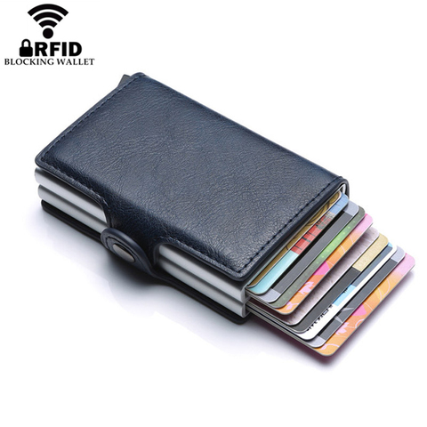 2022 New Double Layers Anti RFID Men leather Credit Card Holder Metal ID Card Case Aluminium Card Protection Male Travel Wallet ► Photo 1/6