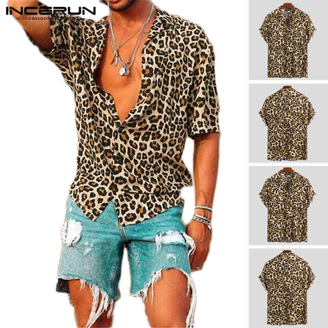 Summer Short Sleeve Leopard Print Shirt Men Lapel Neck Loose Button Up Blouse Breathable Streetwear Sexy Shirts Men INCERUN 2022 ► Photo 1/6
