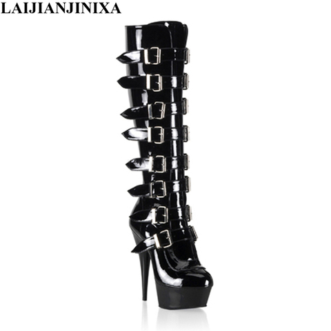 LAIJIANJINXIA New Buckle Black Knee-High Boots Women 15Cm Super High-Heeled Star Fashion Stage Boots Female Red/White ► Photo 1/6