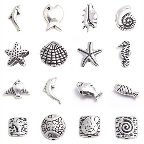 Doreen Box Zinc Based Alloy Ocean Animal Jewelry Beads Silver Color Shell Star Fish Seahorse DIY Findings Accessories 50 PCs ► Photo 1/6